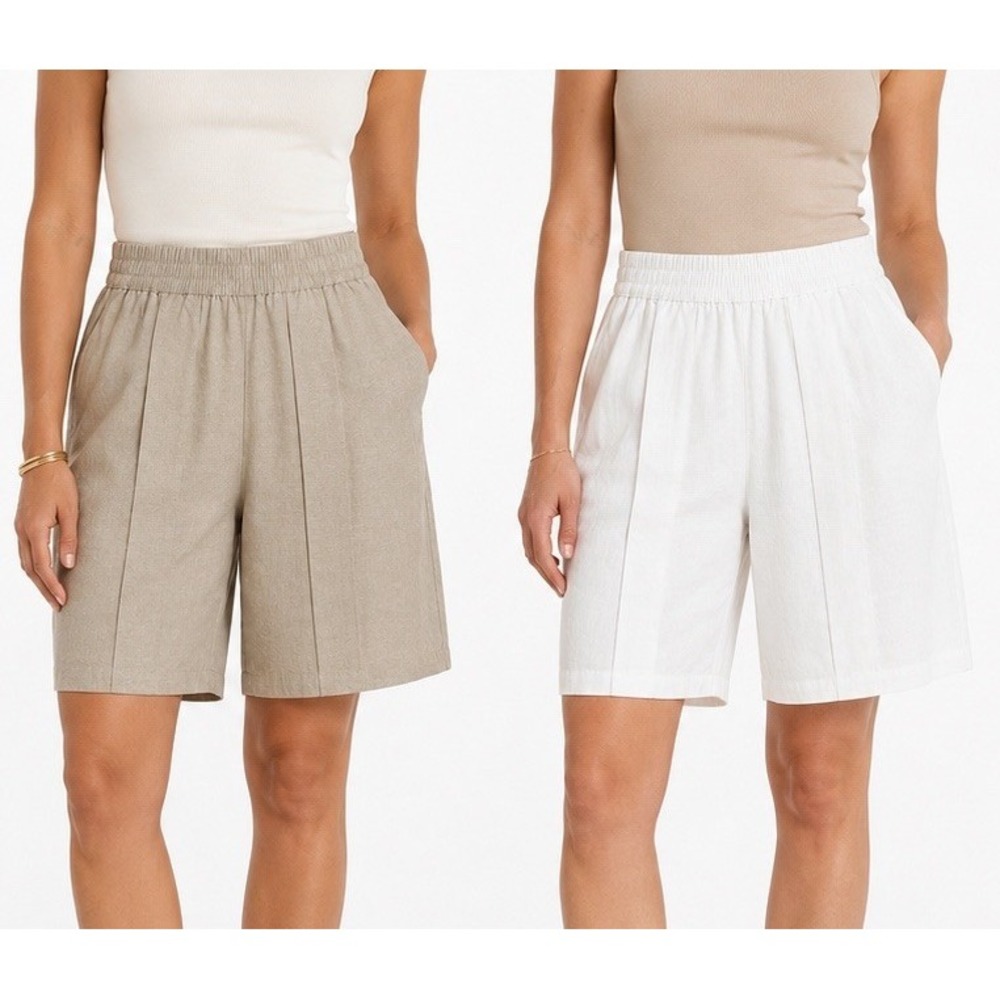 LOFT Linen Blend Pull On Shorts M Beige White Elastic Waist Lot of 2 Capsule